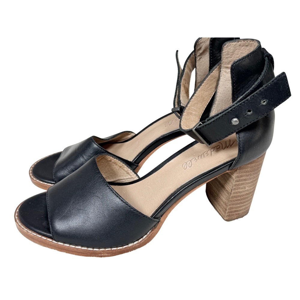 Madewell Womens The Inez Sandal 6.5 Black Leather Block Heel Ankle Strap AA219